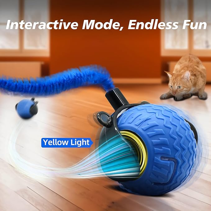Interactive Cat Toy for Indoor Cats, Speedy Ball with Tail, Automatic Moving Cat Balls for Bored Indoor Adult Cats, 360°Automatic Rolling Ball Toy, Two Speed Adjustment(Blue)