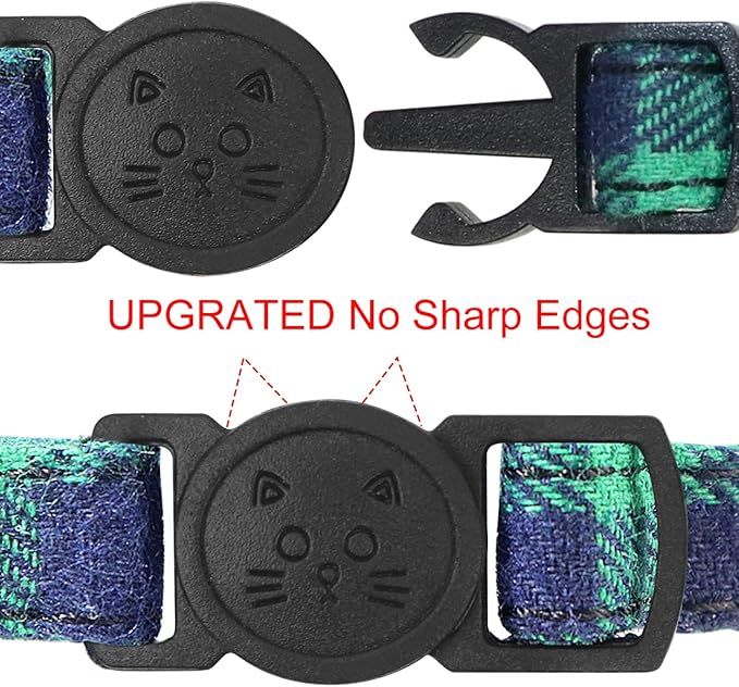 Joytale Upgraded Cat Collar with Bells, Breakaway Cat Collars with Bow Tie, 1 Pack Girl Boy Safety Plaid Kitten Collars, Green