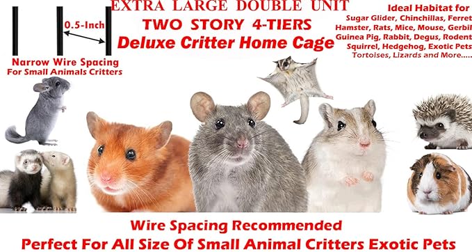 X-Large 31"x18.5"x53.5"H Deluxe Double Unit 4-Tiers Tight 1/2-Inch Bar Spacing Large Front Doors Water Bottle Food Bowl Feisty Ferret Hammock Squirrel Chinchilla Rat Small Animal Critter Rolling Cage
