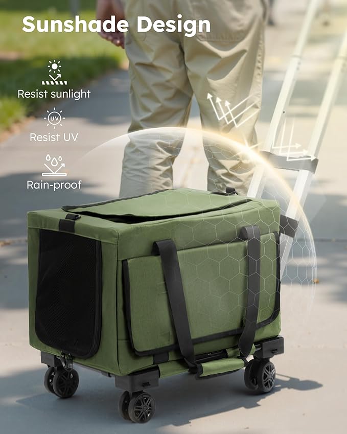 Pecute Cat Carrier with Wheels,Steel Wire Frame Cat Carrier, Stable Pet Trolley for Cats, Pet Handbag and Stroller Bag, Portable Cat Bag for Travel Bus Subway, Green