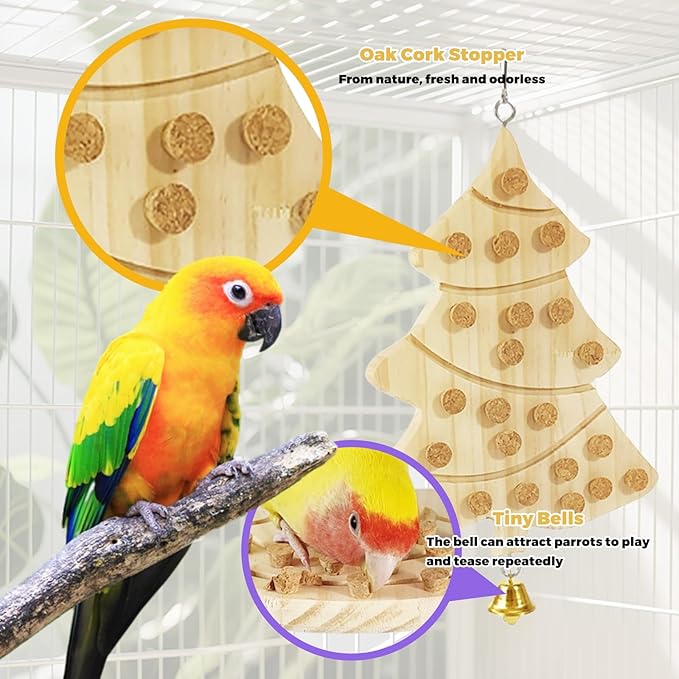 2 Pcs Bird Chew Toy Wooden Foraging Toys, Hanging Wooden Puzzle Foraging,Parrot Cork Stopper Toys Birds Feeding Toy,2 Pcs Bird Cage Food Holder Fruit, for Small and Medium Parrots(E)