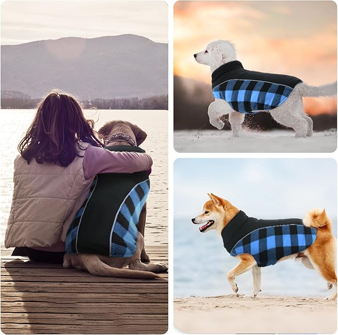Kuoser Dog Winter Coat, Reversible Waterproof Dog Jacket with Reflective Strip, Warm Dogs Fleece Vest Adjustable Doggy Cold Weather Clothes Plaid Christmas Outfit Pet Apparel for Medium Dogs, Blue M