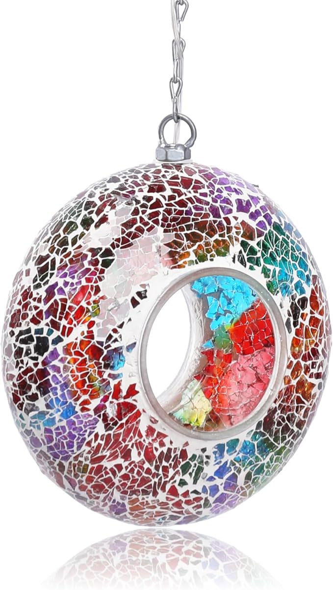 Mosaic Bird Feeders for Outside Hanging with Round Shape Glass Container Fly Through Solar Bird Feeder for Garden Decor (Multicolor)