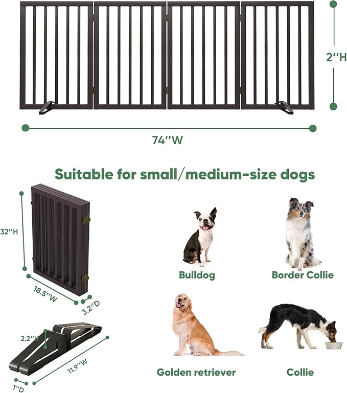 Dog Gates for Doorways, Tall Dog Gate Indoor, Foldable Pet Gates for Doorways Bedroom, Freestanding Puppy Gate with Metal Support Feet, Room Divider, 4 Panels (Browm)