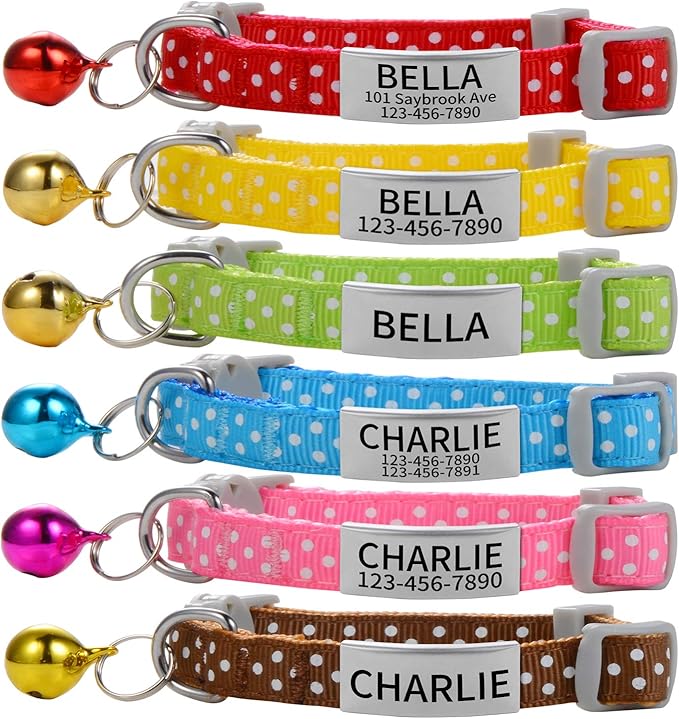 Custom Breakaway Cat Collars with Bell - Engraved Stainless Steel No Noise Slide-On Identification Tags On Collar - Up to 3 Lines of Personalized Text (Polka Dot Print)