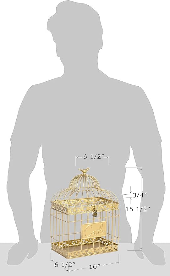 Red Co. 15.5” Tall Rectangular Decorative Lockable Metal Birdcage Wedding Card Holder, Gold