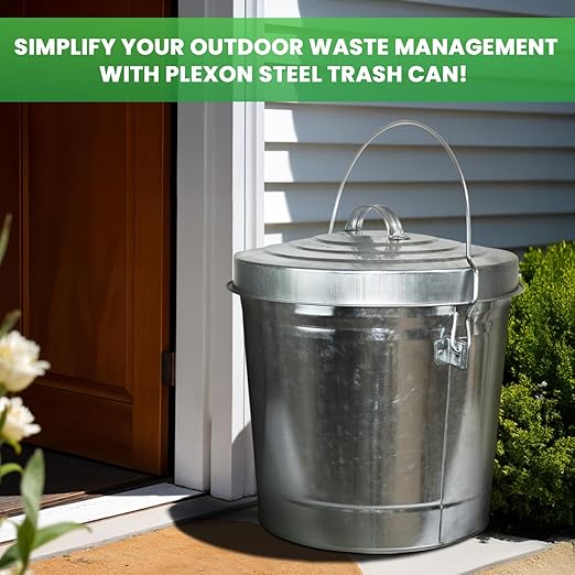 Plexon 6 Gallon Small Metal Trash Can with Lid Outdoor Galvanized Metal Bucket with Locking Lid for Poultry Feed Bird Seed Storage Ash Garbage Trash Bin
