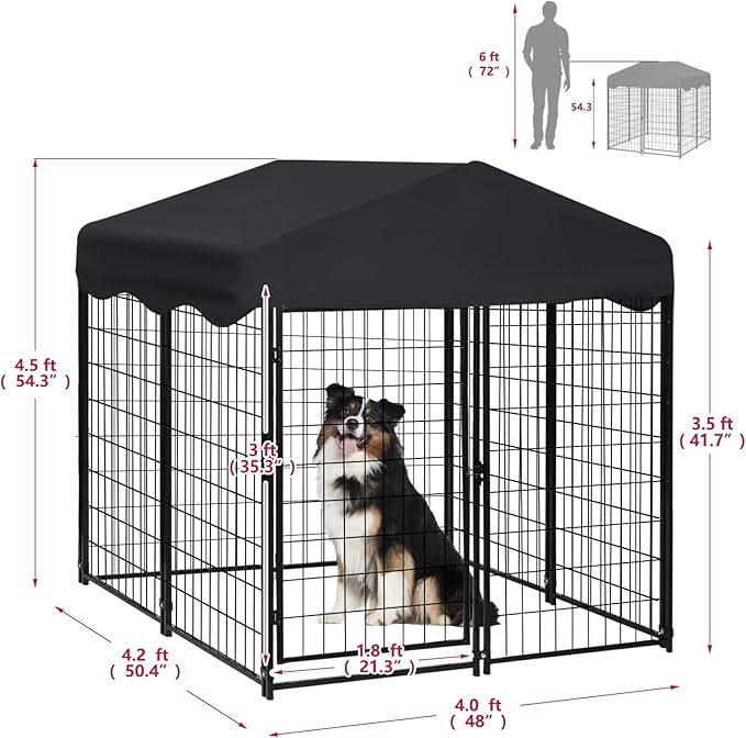 Dog Kennel Outside, 4.5' x 4' x 4' Dog Kennel Outdoor with Roof for Medium Small Dogs, Outdoor Dog Cage Dog Pen with Waterproof & UV-Resistant Cover, 12 Nails for Stablility, 2 Sets