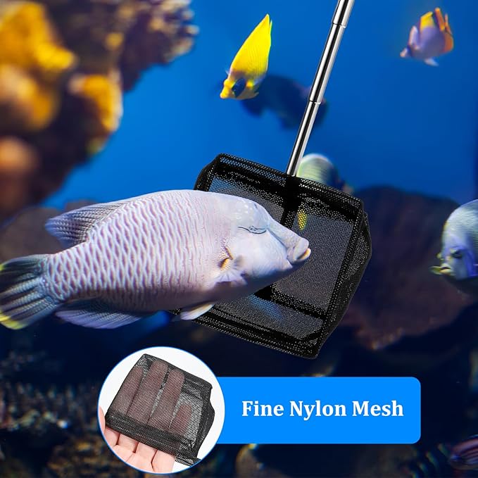 3 Inch Fish Net for Fish Tank, Extendable Aquarium Fishing Net Stainless Steel Handle 6-16 Inch, Fine Mesh Nylon Fishing Nets for Betta Tank, Shrimp, Pond Aquarium