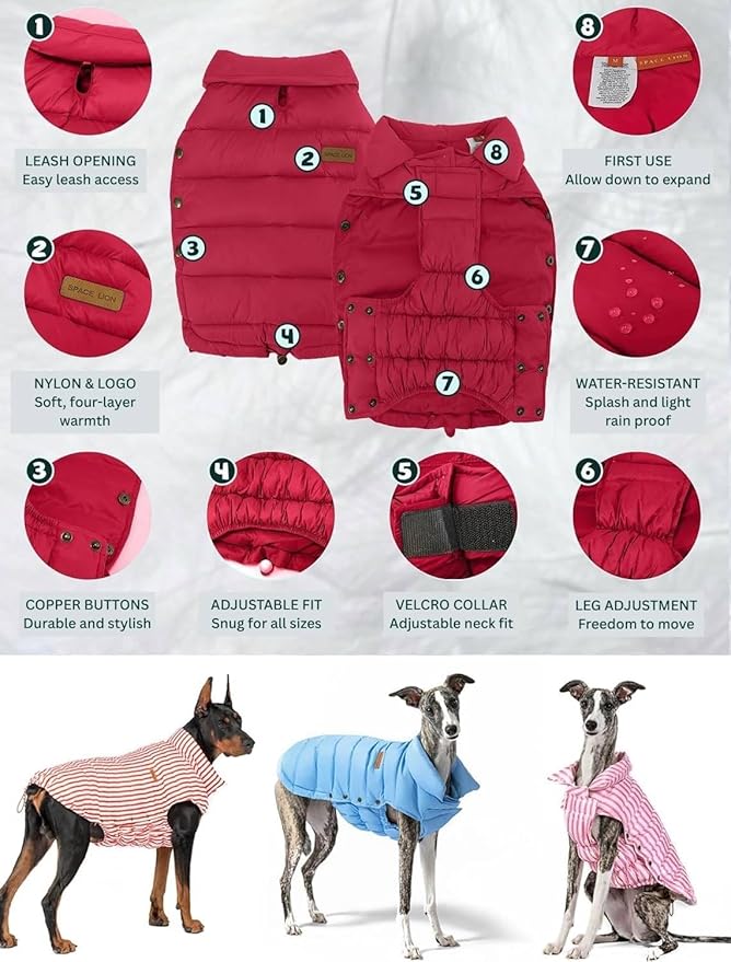 SPACE LION Puffer Jacket, Down Winter Coat, Durable Outdoor Coat for Cold and Windy Conditions, Waterproof, Windproof, Lightweight Jacket, Adjustable Fit ForSmall Dog(Red,S)