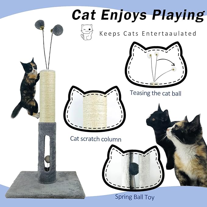 Cat Scratching Post 25 Inches Heavy Duty and Thicker Cat Scratching Post Cotton Rope with Hanging Ball and Mice Scratching Post for Indoor Cats and Adult (Gray, 25" H)