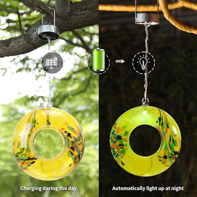 VCUTEKA Bird Feeder Solar Fly Through Bird Feeders for Outside Hanging with Round Shape Glass Container to Attract Wild Birds for Garden Decor, Yellow 8"