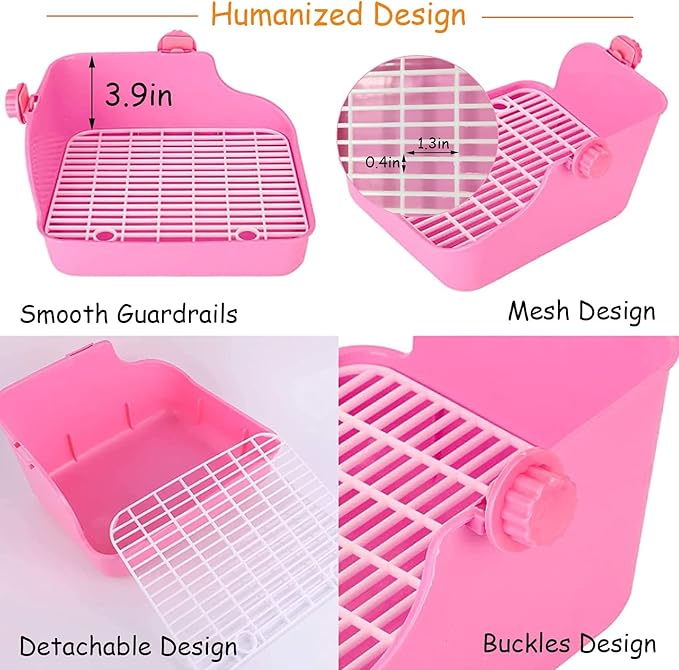 PINVNBY Rabbit Litter Box for Cage Bunny Corner Bedding Box Small Animal Litter Pan Hanging Pet Bowls Cage Potty Trainer Pet Toilet for Rabbit Bunny Guinea Pigs (Pink)