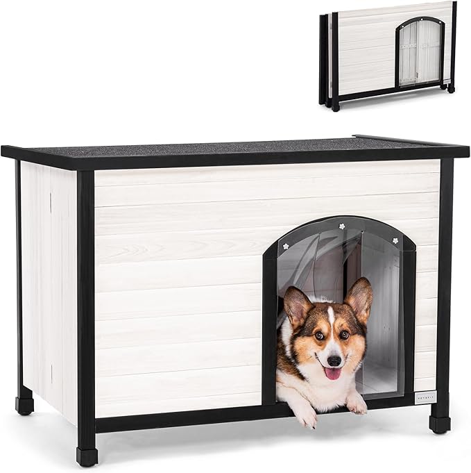 Petsfit 40.2" Dog House Outdoor, Unfold to Use, Folding Dog House Outdoor, No Tools Required Assembly, Outside Dog House with Durable Asphalt Roof (Medium, White)
