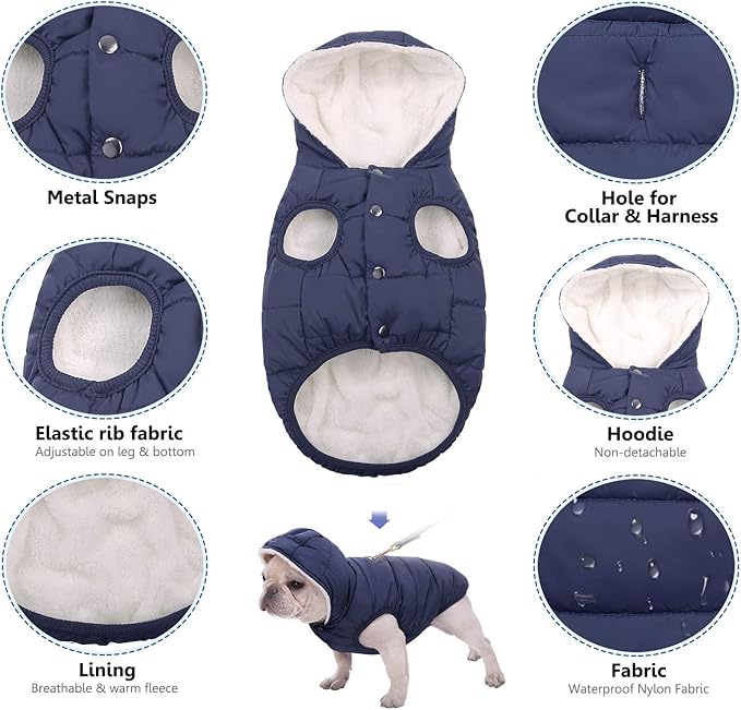Fleece Hoodie, Windproof Waterproof Coat, Winter Warm Jacket, Cold Weather Pet Apparel Clothes Vest for Small Medium Large Dogs (3XL, Blue)