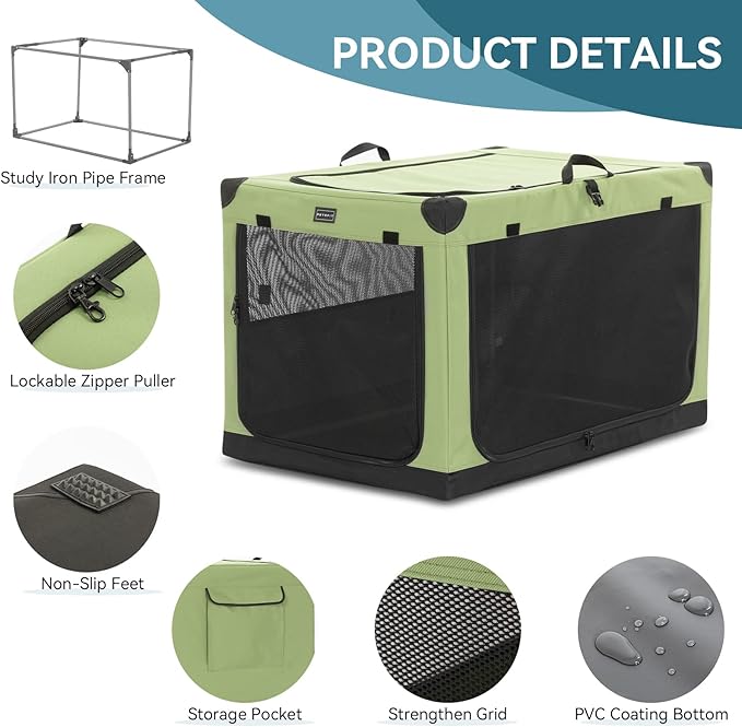 PETSFIT Soft Dog Crate, with Patented Adjustable Fabric Cover, Chewproof & Lockable Mesh Doors, Waterproof Base Collapsible Kennel Green 30 Inch