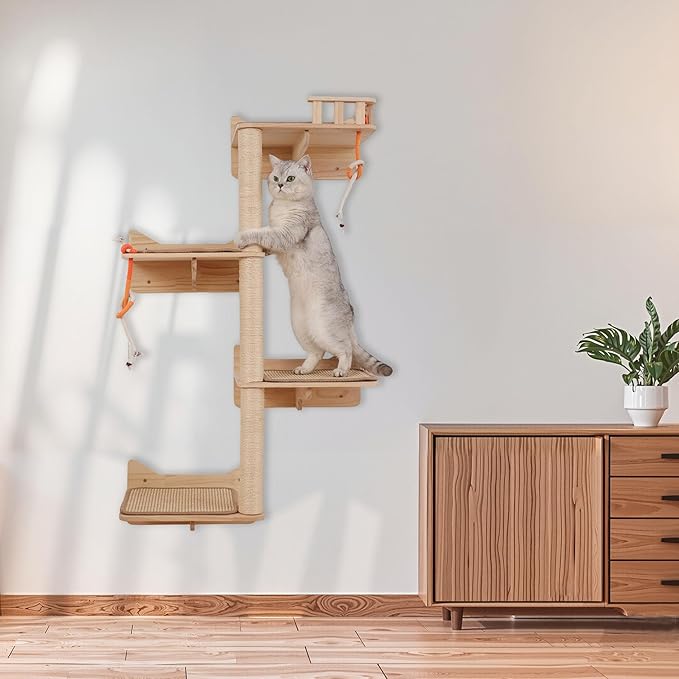 KVIDA Wall-Mounted Cat Tree for Large Cats – 7PCS Cat Wall Shelves with 3 Sisal Posts, Wide Perches & Lookout Tower, Vertical Climbing Cat Furniture for Indoor Cats to Scratch, Climb & Lounge