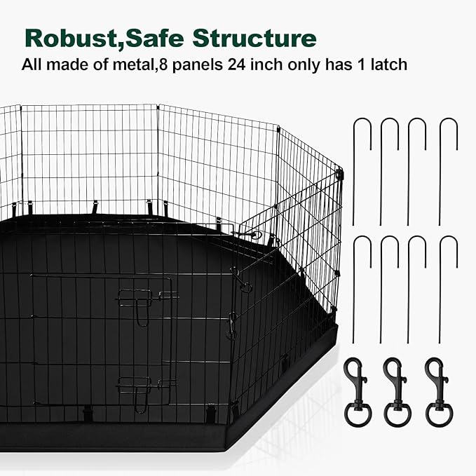 PJYuCien Dog Playpen - Metal Foldable Dog Exercise Pen, Pet Fence Puppy Crate Kennel Indoor Outdoor with 8 Panels 24”H & Top Cover and Bottom Pad for Small Medium Pets