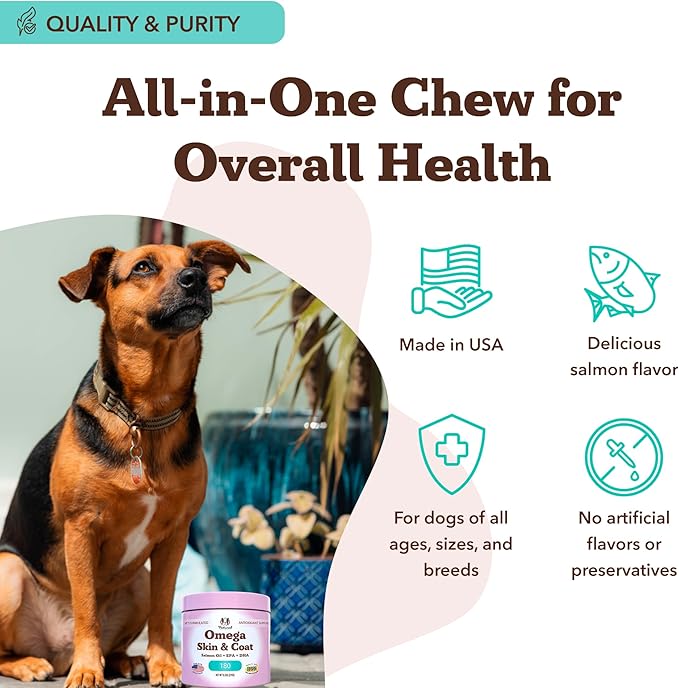 Natural Dog Company Omega Chews for Dogs Skin and Coat Support with Salmon Oil and Fatty Acids, Helps Itchy Skin, Dryness, Shedding, Supports Joints, Heart,Immune System & Overall Health (180 cnt)