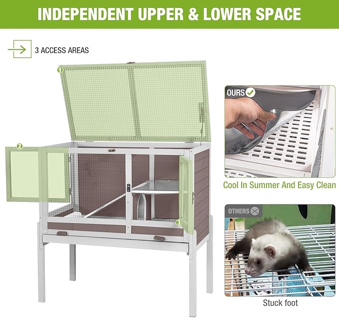 Wooden Guinea Pig Cages Indoor,Two-Story Wooden Rabbit Cage Hutch with Removable Stand and Pull Out Tray, Small Animals Cage Habitat with Ramp and Plastic Mesh(Brown&White)