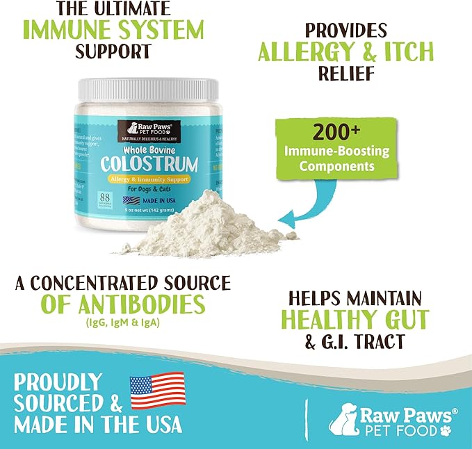 Raw Paws Pet Bovine Colostrum for Dogs Allergies & Immune Support (5-Ounce) - Made in USA - Colostrum for Cats - Senior Dog Supplements - Itchy Skin Treatment - All Ages, Sizes & Breeds