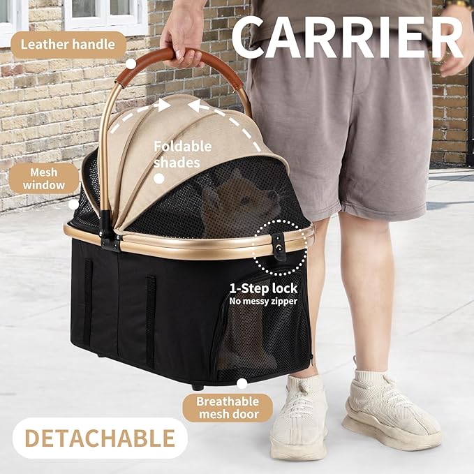 3 in 1 Pet Stroller with 4 Wheels, Foldable Pet Travel Carrier for Small/Medium Dogs Cats up to 50lbs, Detachble Portable Pet Bag, Storage Basket