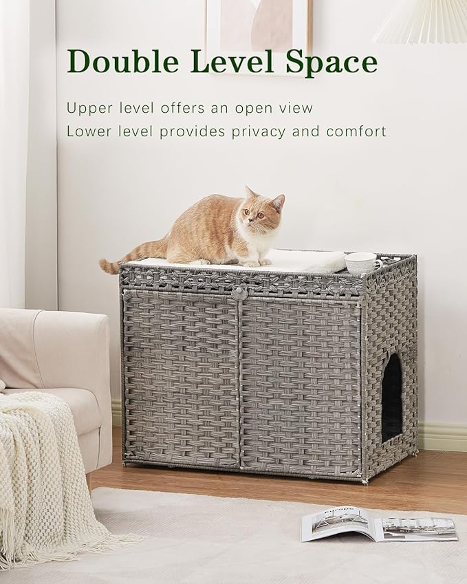 Cat Litter Box Enclosure Furniture, Handwoven Rattan Hidden Litter Box with Mat, Large Space Cat House with 2 S-Shaped Hooks 30.3 x 18.3 x 24.4 Inches, Indoor for Living Room Apartment Gray