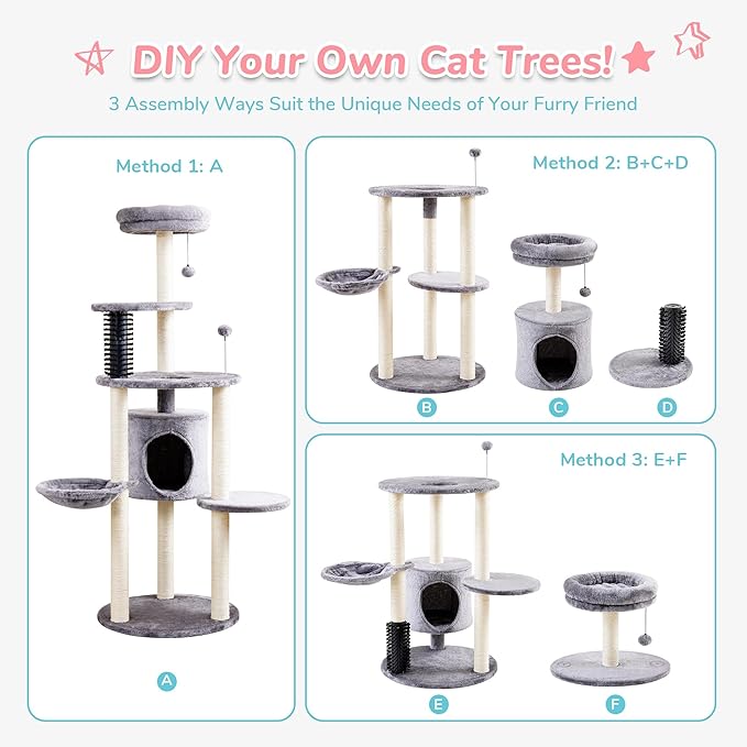 MADE 4 PETS Cat Tree for Indoor Cats, 60.2 inch Tall, 5-Level, Modern, Grey, Sisal Scratch Posts, Cat Condo with Hammock, Cat Tower for Large Breeds