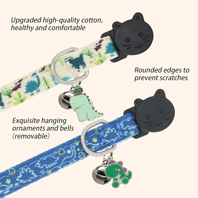 Cat Collar Breakaway, 2 Pack Cotton Cats Collars with Bells, Cute Dinosaurs Shaped for Girl Boy Kittens