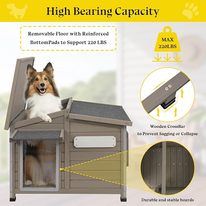 Dog House Outdoor Weatherproof Large Wooden Dog Kennel Indoor with Chew-Proof Iron Frame, Removable Floor, and Adjustable Window for Medium Dogs (Grey, 43.5" D x 29.5" W x 33.5" H)