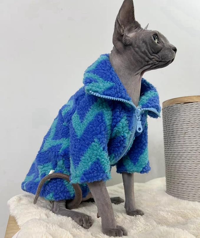 Turtleneck Sphynx Cat Winter Clothes, Double-Sided Fleece Jacket with Zipper, Sweater for Sphynx Cat Winter Warm Outfit Coat for Hairless Cats and Small Dogs Apparel with Sleeves (Lightning, Large)