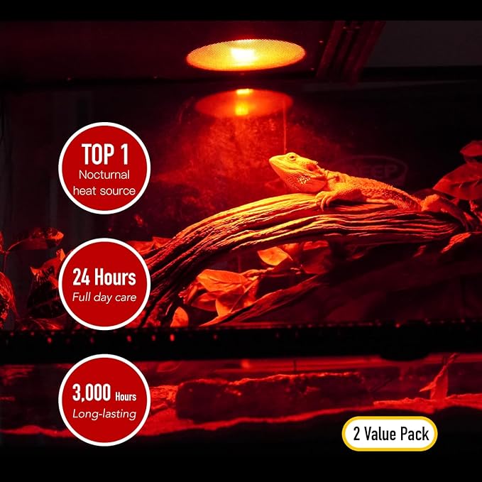 Reptile Heat Lamp, 2 Pack 75W Intense and Infrared Basking Bulbs Light for Reptiles, UVA Daylight Night Red Basking Light for Bearded Dragon, Lizard, Gecko,Reptile Heat Bulb
