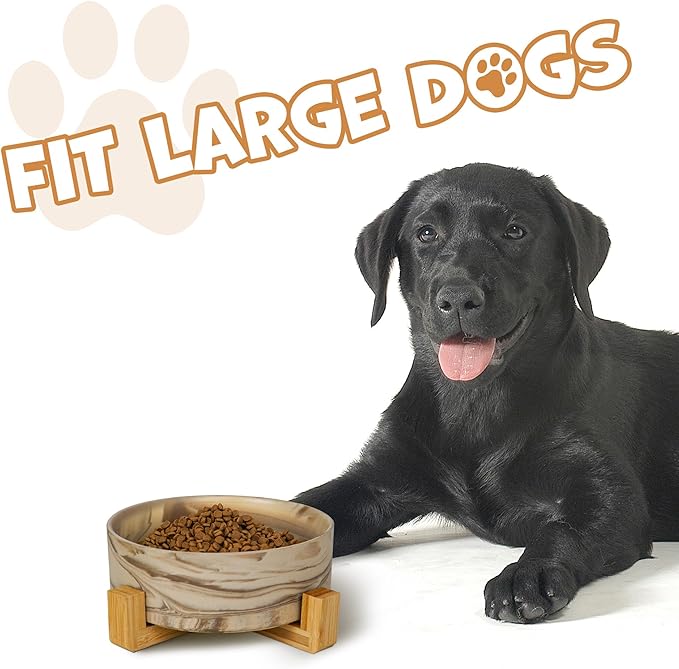 YOBRO Large Dog Bowl with Stand, 8" Non-Slip Ceramic Food or Water Bowl for Large Breed Dogs, Wide Open for Multiple Dogs, Modern Marble Design, Brown