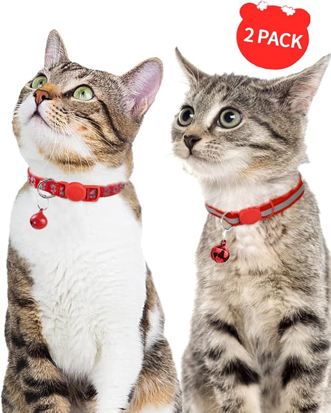 Taglory Reflective Cat Collar Breakaway with Bells, 2 Pack Girl Boy Pet Cat Collar Adjustable 7.5-12.5 Inch, Red