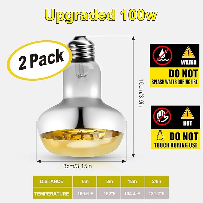 MIXJOY 2Pack 100W Reptile Heat Lamp Bulbs, Upgraded Golden Glass 60% Intense Heat Bulb UVA Daylight Basking Spot Light Bulb for Reptiles, Turtle, Lizard, Tortoise, Bearded Dragon, Gecko, Chicken