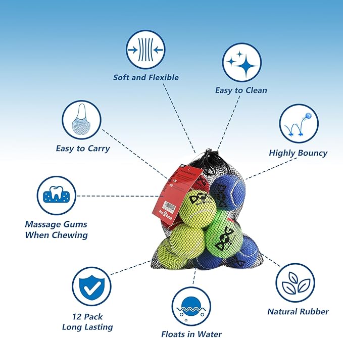 Tennis Balls for Dogs - 12 Pack 2.5'' Durable Non-Toxic Outdoor Dog Toys Balls with Mesh Bag, SGS Certified, Colorful Fetch Toys, Medium Large Breeds (Non Squeaky)