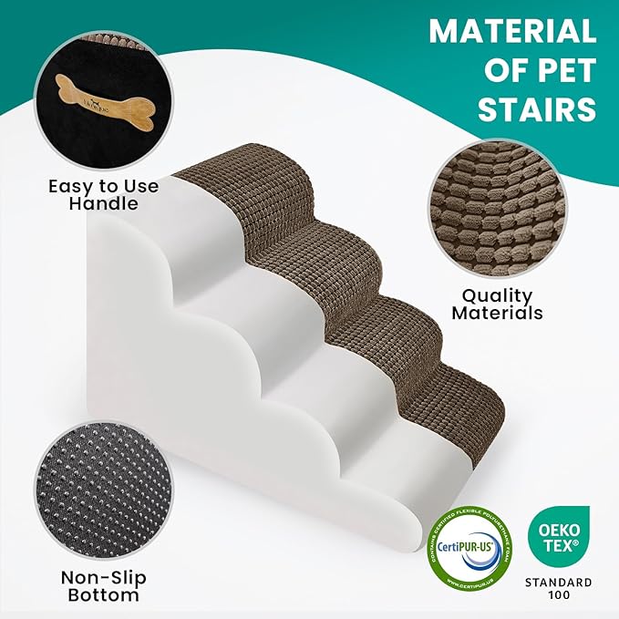 5-Step Dog Stairs for High Beds and Couch, Foam Ramp with Non-Slip Waterproof Fabric Cover, Brown Pet Stairs for Joints