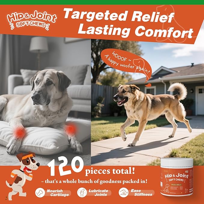 Advanced Hip & Joint Supplement for Dogs –120 Chews Glucosamine, Chondroitin, Soft Chews, Natural Joint Support for Small & Medium Breeds