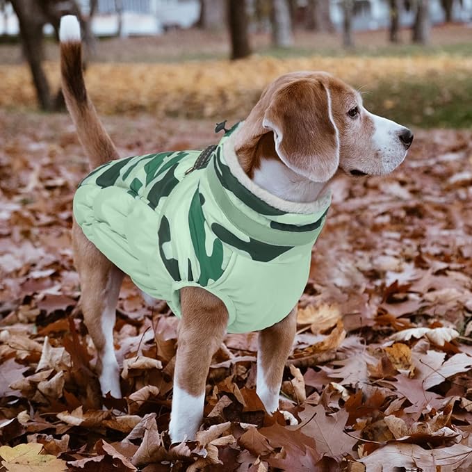 Lelepet Dog Coat Warm Dog Winter Coat Waterproof Dogs Jacket with Harness Built in Reflective Pet Fleece Vest Zip-Up Cold Weather Coats for Dogs Turtleneck Windproof Coats Chihuahua Mint Green Camo XS