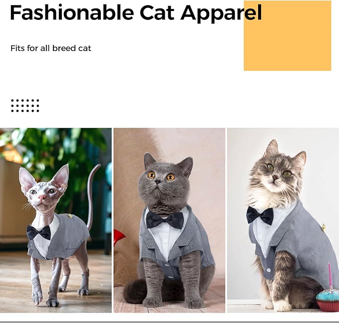 DENTRUN Cat Tuxedo Outfit, Sphynx Cat Costume Formal Suit with Bow Tie, Stylish Cat Shirt Fashion Apparel Fancy Clothes, Kitten Formal Attire Wedding Onesie Costume for Cats Only