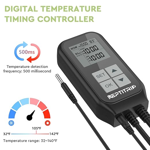 Reptile Thermostat, Light Timer for Temperature and Lighting Control, Day-Night Timer Thermostat with Reptile Thermometer for UVB Light, Heat Lamp, Heating Pad, 10A 1250w