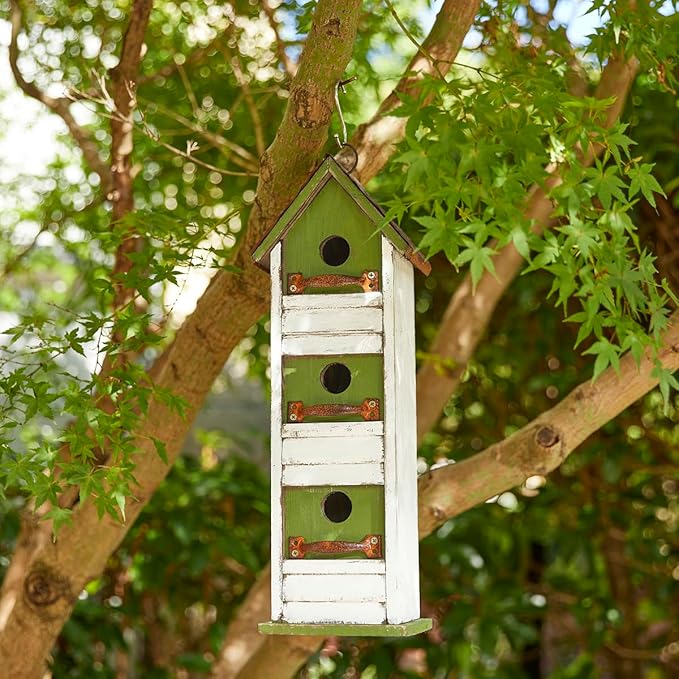 Glitzhome Bird Houses for Outside, Blue Bird Houses for Outdoors,18" H Distressed Outdoor Garden Wooden Birdhouse Decorative Hanging Bird House with Shutter Texture for Hummingbird,Sparrow,Wren Finch