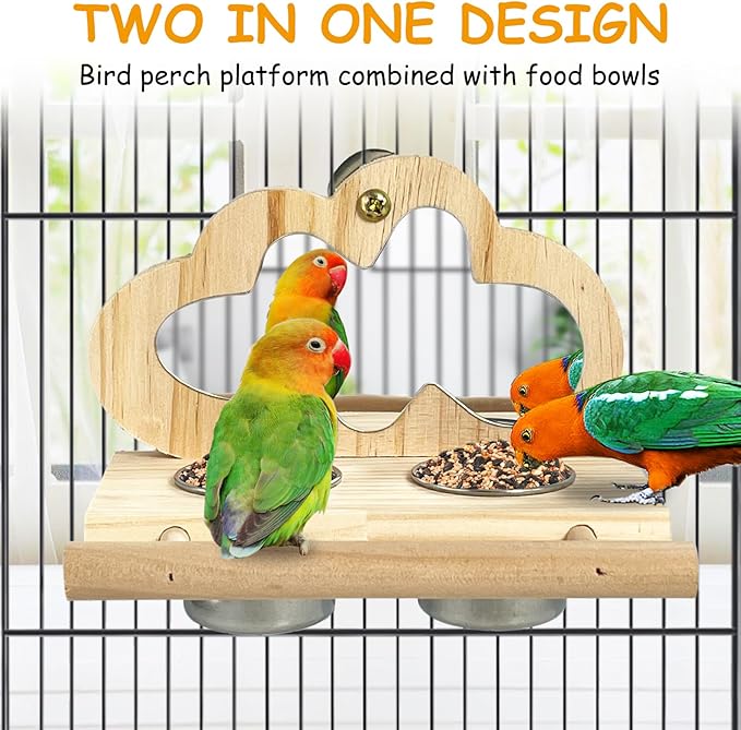 Tfwadmx Bird Parrot Wooden Feeding Cups, Small Bird Feeding Dish Cups Stainless Steel Birds Bowls Food Water Bowls with Food Holder for Cockatiel Parakeet Macaw Finches Lovebirds