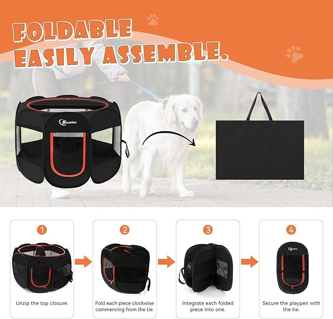 Dog Playpen, Puppy Pet Playpens Indoor for Medium Dogs Tent Crates Cage Indoor/Outdoor, Portable Pop Up Dog Kennel Playpen with Carrying Case for Dogs/Cats/Rabbits, Removable Zipper Top, Black