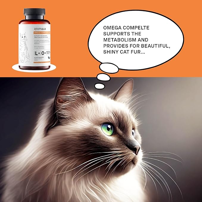 animaux - Omega Complete for Cats Fish Oil Tablets, Omega 3,6 & 9 Fatty acids to Support Metabolism, Bone Structure, Barf Supplement, Salmon Oil for Skin & Coat, 120 chewable Tablets, 120 Days Supply