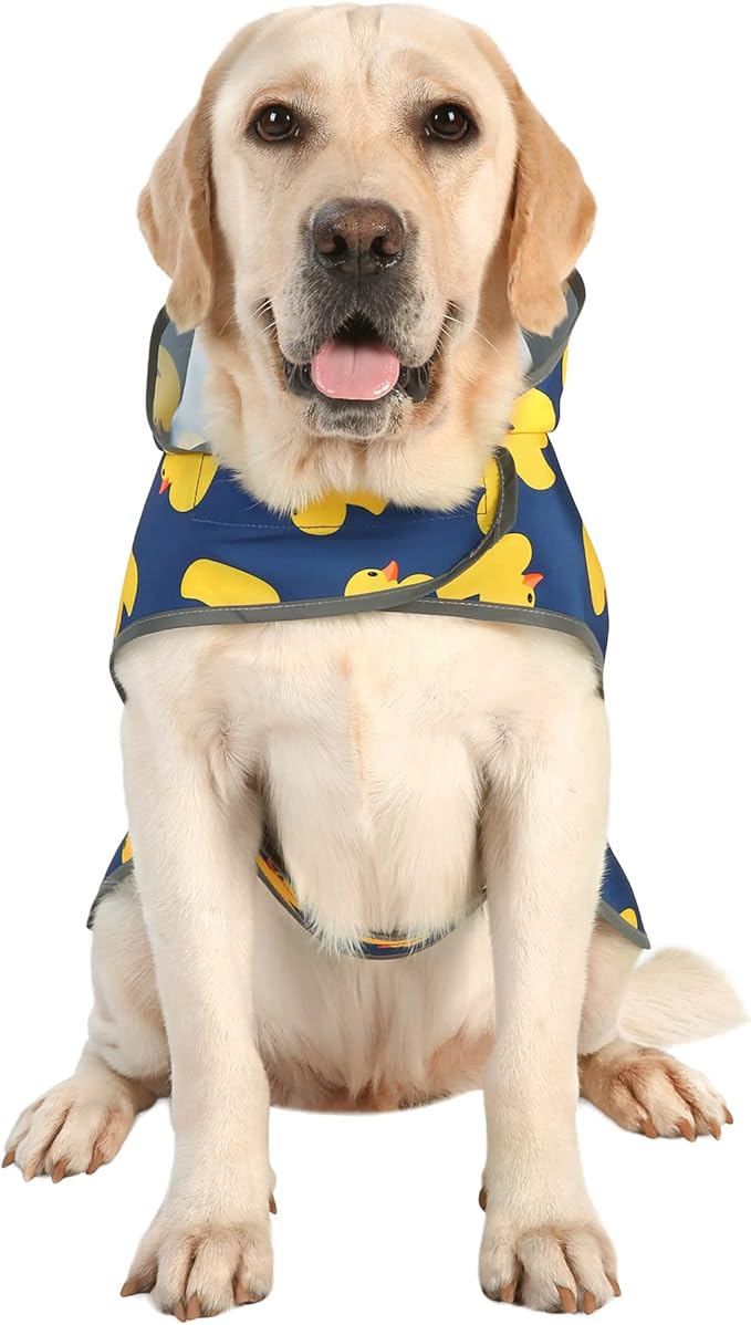 Dog Raincoat for Medium Dogs Waterproof Hooded Rain Jacket with Reflective Strips Leash Hole & Poncho Adjustable Fit (Duck,L)