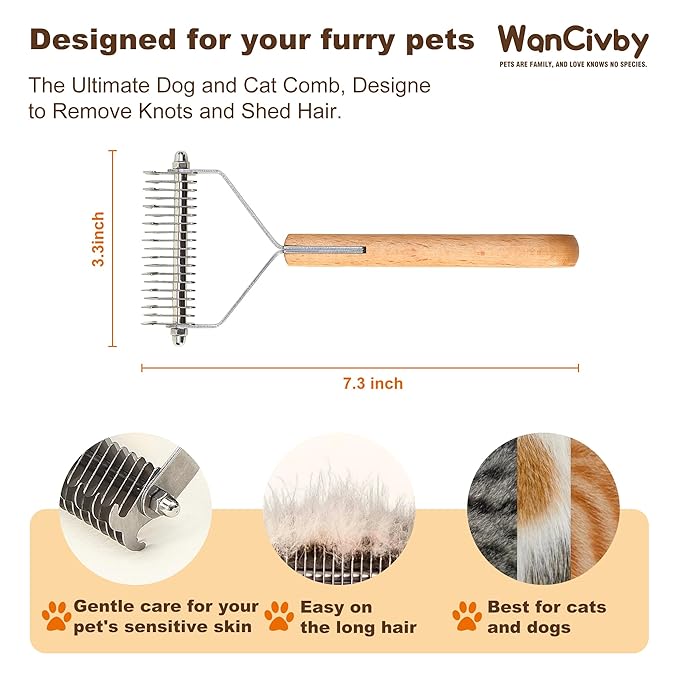 2-in-1Dematting & Deshedding Comb Undercoat Rake for Cats& Dogs,Detangling Matted Fur & Hair Remover Tool Pet Grooming Rake for Shedding and Dematting,Ergonomic beech wood handle (2 in 1)