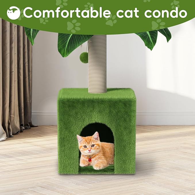 Cat Scratching Post with Condo, Palm Cat Tree Tower Natural Sisal Cat Scratcher Cat Bed Cat Furniture for Kittens and Cats