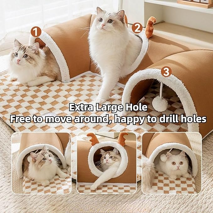 Cat Tunnel Bed Indoor,Cat Peekaboo Cave Bed for Multiple Cats,Kitty Tube with Balls Toys,Removable Small Dog House Washable,Small Animal Tunnel for Kitty,Bunny (Brown,X-Large)