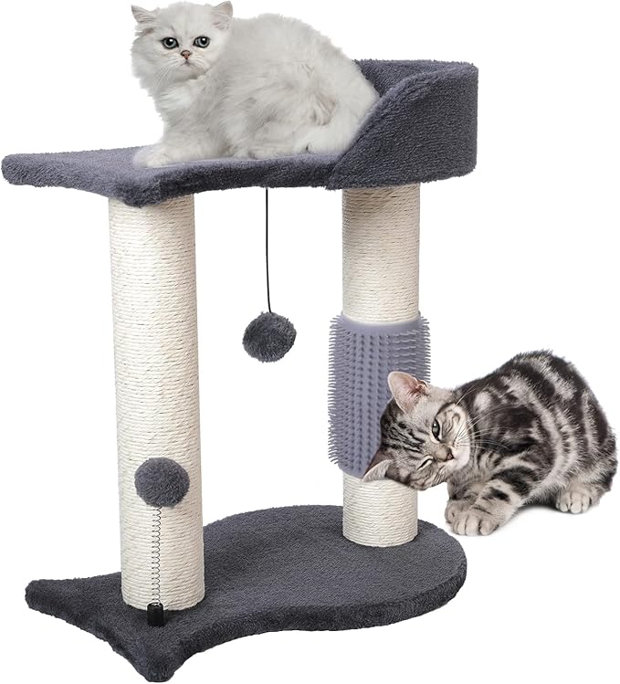 Cat Tree Tower, Multifunction Cat Scratching Post for Indoor Cats Featuring with Fish-Shaped Rest Platform Cat Self Groomer Danging Ball Spring Ball, Grey